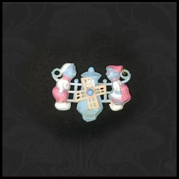 Vintage Celluloid Pendant Pink Blue Dutch Boy Dutch Girl for Novelty Jewelry - Picture 4 of 10